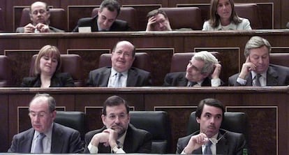 Pleno en el Congreso sobre el apoyo del Gobierno a una intervención armada en Irak liderada por Estados Unidos. En primera fila, Aznar, Rajoy y Rodrigo Rato.