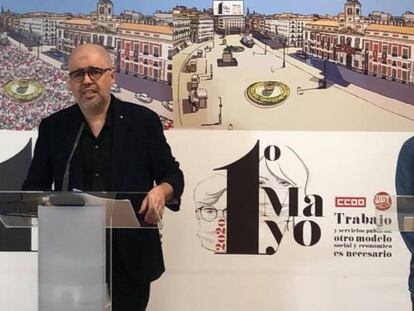 El secretario general de CCOO, Unai Sordo, y el de UGT, Pepe Álvarez, durante la rueda de prensa virtual del Primero de Mayo de 2020.