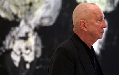 Georg Baselitz in front of one of the paintings from his 'Mrs Lenin and the Nightingale' series.