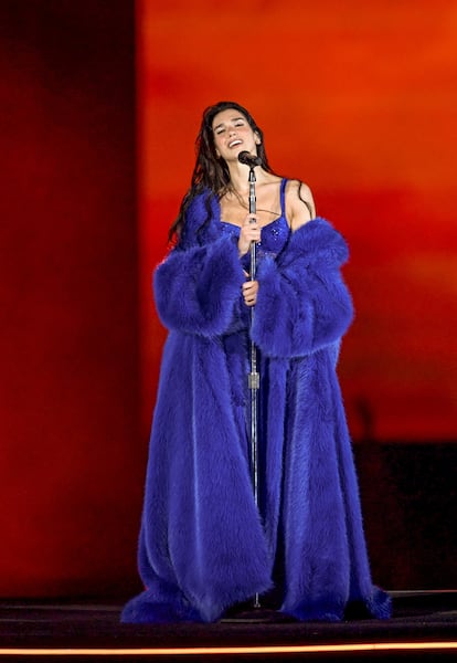LONDON, ENGLAND - JUNE 20: Dua Lipa performs on stage during her "Radical Optimism" tour at Wembley Stadium on June 20, 2025 in London, England. (Photo by Samir Hussein/Getty Images for Dua Lipa)