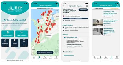 Vista de la app GIFMM que brinda a migrantes venezolanos información de alojamientos, alimentación, salud y orientación legal.