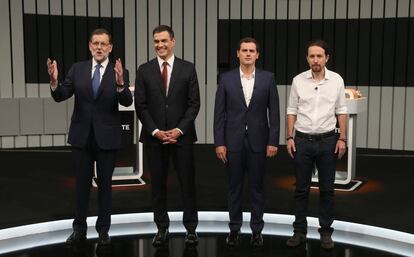 Mariano Rajoy, Pedro S&aacute;nchez, Albert Rivera y Pablo Iglesias en el debate electoral del 13 de junio.