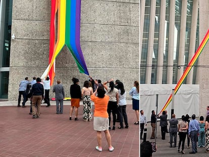 Agremiados del Infonavit rompen las banderas LGBT+ que cuelgan de la sede de la institución en Ciudad de México, este 4 de junio.