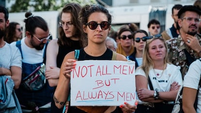 A woman carries a Not all men but always men sign in the crowd gathered at Place Bouffay in Nantes, western France, on September 14, 2024. Gathering in support of Gisele Pelicot, victim of rape under chemical subjection for 10 years, and all victims of sexual violence, at the call of feminist activists and associations, including Nous Toutes 44 locally. (Photo by Maylis Rolland / Hans Lucas / Hans Lucas via AFP) (Photo by MAYLIS ROLLAND/Hans Lucas/AFP via Getty Images)