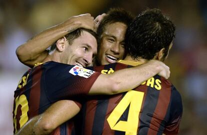 Messi, Neymar y Cesc celebran uno de los goles del Barça.