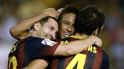 Messi, Neymar y Cesc celebran uno de los goles del Barça.