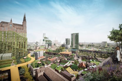 Vista del centro de Eindhoven. A la izquierda, una recreación de cómo se vería la basilíca de Santa Catalina si se llevara a cabo el proyecto que propone el estudio MVRDV.