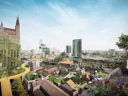 Vista del centro de Eindhoven. A la izquierda, una recreación de cómo se vería la basilíca de Santa Catalina si se llevara a cabo el proyecto que propone el estudio MVRDV.