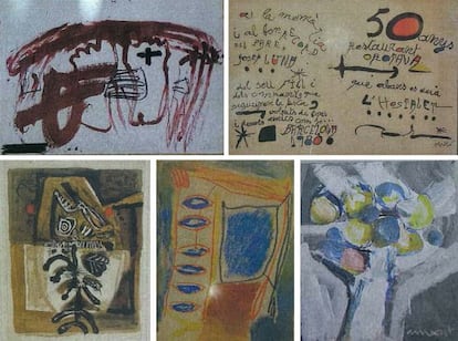 Cinco de las obras requisadas firmadas por T&agrave;pies y Mir&oacute;, arriba y Muxart, Ginovart y Clav&eacute;, abajo.