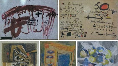 A dalt, dues de les obres requisades signades per Tàpies i Miró i, a baix, les de Muxart, Ginovart i Clavé.