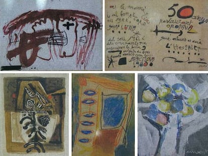 Cinco de las obras requisadas firmadas por T&agrave;pies y Mir&oacute;, arriba y Muxart, Ginovart y Clav&eacute;, abajo.