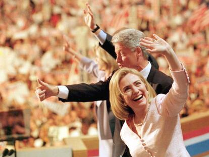 Hillary Clinton greets attendees at the 1996 Democratic Convention in Chicago, just after Bill Clinton's acceptance speech as a candidate for the White House.