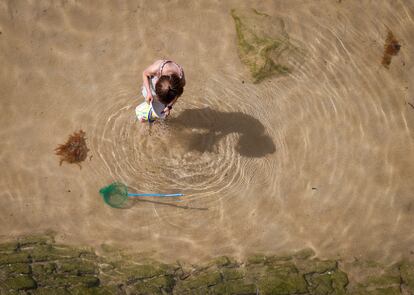 Una niña pesca cangrejos en la playa de La Concha de San Sebastián.
