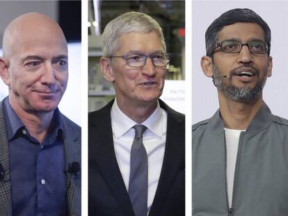 Los CEO de Amazon, Jeff Bezos; Apple, Tim Cook; Alphabet, Sundar Pichai, y Facebook, Mark Zuckerberg. 