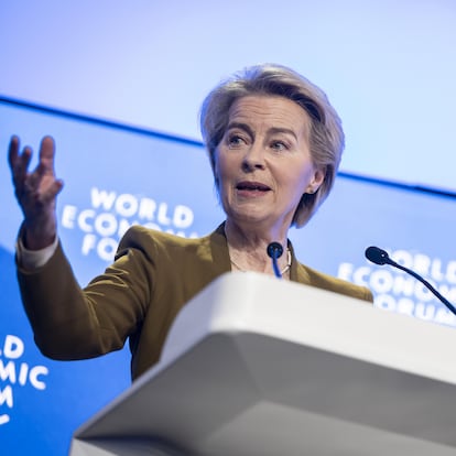 Davos (Switzerland Schweiz Suisse), 23/01/2025.- President of the European Commission Ursula von der Leyen speaks during the 55th annual meeting of the World Economic Forum (WEF), in Davos, Switzerland, 23 January 2025. (Suiza) EFE/EPA/MICHAEL BUHOLZER