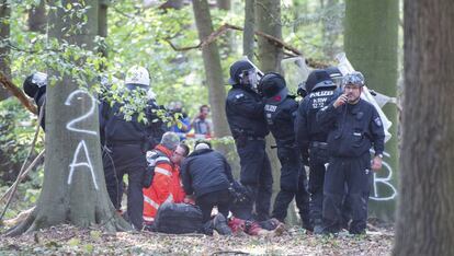 Sanitarios y policías atienden al hombre caído de una pasarela entre árboles en el bosque de Hambach.