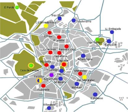 El mapa de red con las 24 estaciones de medición. En verde, las suburbanas; en azul, las urbanas de fondo y en rojo, las de tráfico. Los puntos en amarillo es la Red IME (Indicador de exposición PM2,5), y los morados el punto de muestreo de metales pesados.