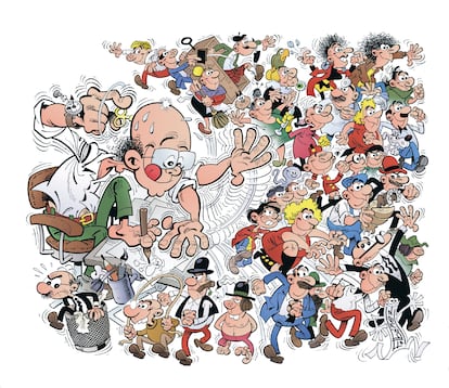 El dibujante Francisco Ibáñez caricaturizado junto a todos sus personajes. 