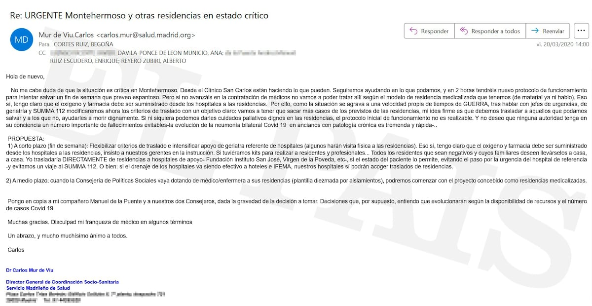 Los correos internos que prueban que el Gobierno de Ayuso sabía que las residencias no se medicalizaron en la pandemia