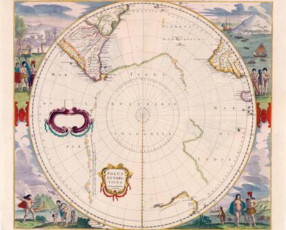 Mapa del continente imaginario Terra Australis, realizado por el cartógrafo Henricus Hondius en 1639. 