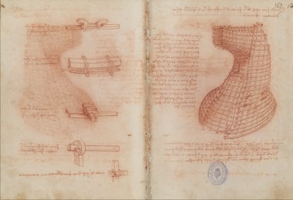 Códice de Leonardo da Vinci, dedicado a la fortificación y geometría, con el diseño del monumento a Ludovico Sforza.