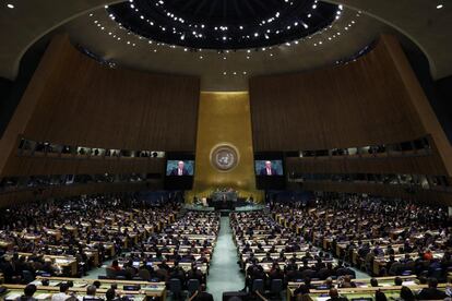 Vista general de la sede de la ONU durante el discurso del presidente estadounidense, Donald Trump, en la sesión de apertura del debate de alto nivel de la Asamblea General de Naciones Unidas, el 25 de septiembre de 2018.