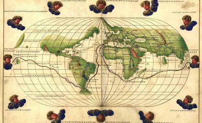 Mapa de la ruta de Magallanes de uno de los atlas de Battista Agnese (1544).