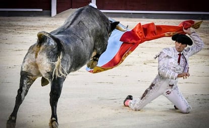 Francisco Montero, de rodillas en la puerta de chiqueros, con el capote de paseo.