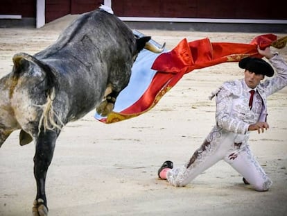 Francisco Montero, de rodillas en la puerta de chiqueros, con el capote de paseo.