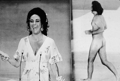 British-born actress Elizabeth Taylor laughs as she remarks that she was upstaged by streaker Robert Opal before presenting the Oscar for Best Picture at the 46th Annual Academy Awards ceremony, Los Angeles, California, April 2, 1974. At right, Opal darts across the stage naked just as David Niven was introducing Taylor. (Photo by Hulton Archive/Getty Images)