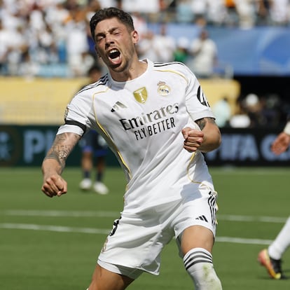 CHARLOTTE (United States), 22/06/2025.- Federico Valverde of Real Madrid celebrates scoring the 3-0 lead during the FIFA Club World Cup 2025 match between Real Madrid and Pachuca in Charlotte, North Carolina, USA, 22 June 2025. (Mundial de Fútbol) EFE/EPA/ERIK S. LESSER
