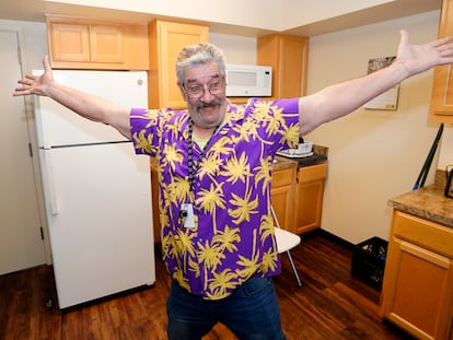 Thomas Marshall shows off the kitchen in his one bedroom apartment, which he got as part of the new housing program, in Sacramento, California, on February 24, 2023.