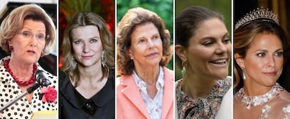 De izquierda a derecha: Sonia y Marta Luisa de Noruega; Silvia, Victoria y Magdalena de Suecia.