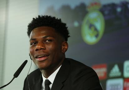 Aurélien Tchouameni, durante la rueda de prensa. 