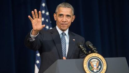 Obama, este lunes, en un acto con diplomáticos en el Departamento de Estado