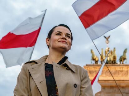 La opositora bielorrusa Svetlana Tijanóvskaya durante una visita a Berlín, a principios de octubre.