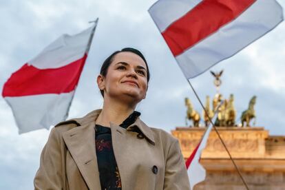 La opositora bielorrusa Svetlana Tijanóvskaya durante una visita a Berlín, a principios de octubre.