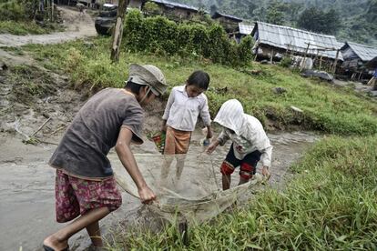 Tres niños pescan en uno de los riachuelos del campo de Jeyang. Pasan hambre, así que cualquier cosa viviente que caiga en la red acaba en el plato.