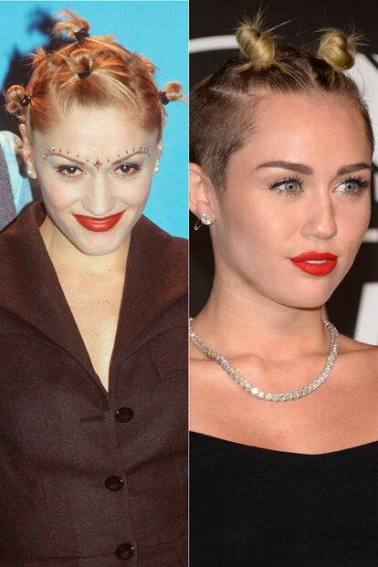 Si la reina del cambio capilar, Gwen Stefani (a la que hemos visto con todo tipo de peinados imposibles), ya fue toda una precursora en los 90, ahora la polémica Miley le toma el relevo y rescata sus moñitos. Seguimos sin entender por qué.