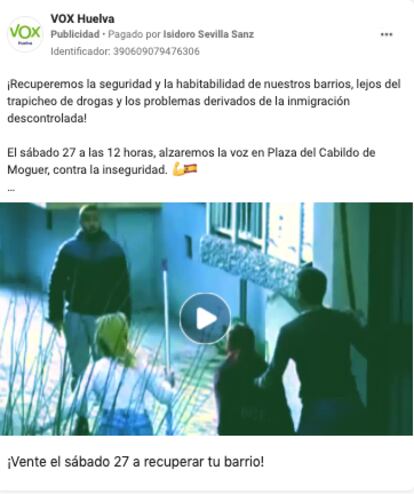 El anuncio de Vox Huelva este fin de semana.