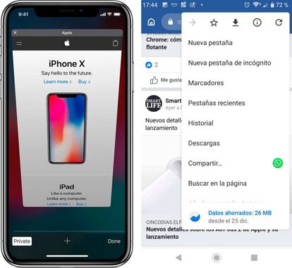 A la izquierda el modo incógnito en iOS, a la derecha en Android, en el segundo botón del menú