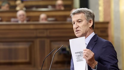 Alberto Núñez Feijóo, líder del PP, durante su intervención de este miércoles en el Congreso.