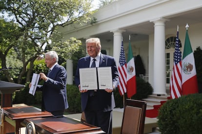 Donald Trump y Andrés Manuel López Obrador en la Casa Blanca en Washington, D.C., EE.UU., en julio de 2020. 