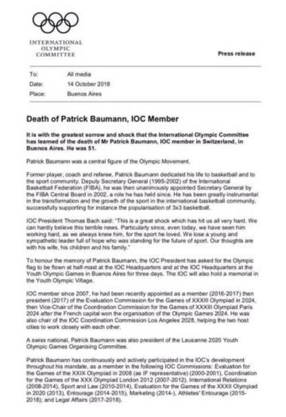 Comunicado del COI anunciando la muerte de Baumann