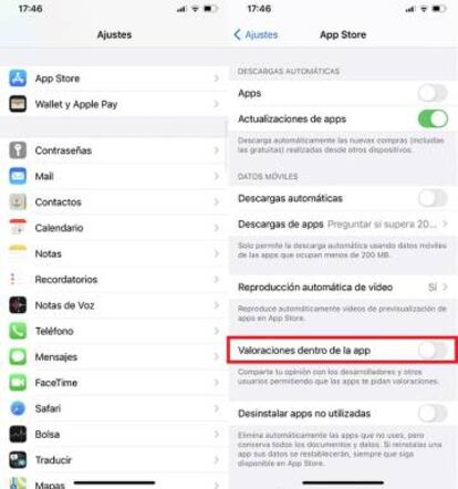 Desactivar valoración apps en el iPhone