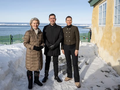 (L-R) European Commission President Ursula von der Leyen, Greenland's Prime Minister Mute Bourup Egede and Denmark's Prime Minister Mette Frederiksen pose as they walk on the day of the opening of the new EU office in Nuuk, Greenland, 15 March 2024.
