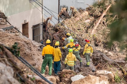 Varios bomberos trabajan en una zona afectada por la Dana, este miércoles en Letur, Albacete.