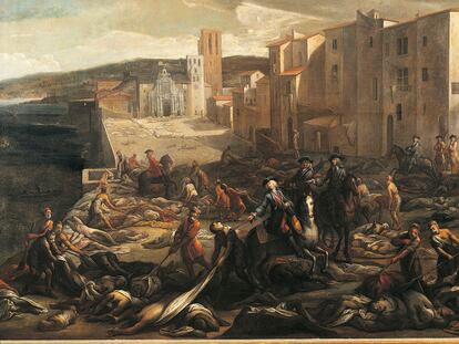 La ciudad de Marsella, durante la pestede 1721, en un cuadro de Miguel Serra.
