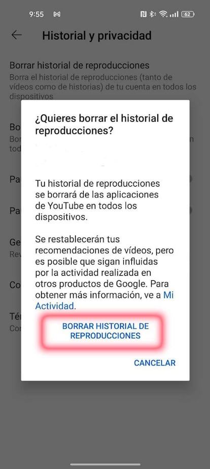 Borrar en YouTube