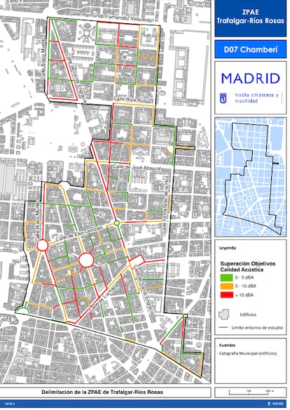 Mapa de colores con los niveles de prohibiciones establecidos por la norma anti ruido para Ponzano y alrededores (ZPAE de Trafalgar y Ríos Rosas).